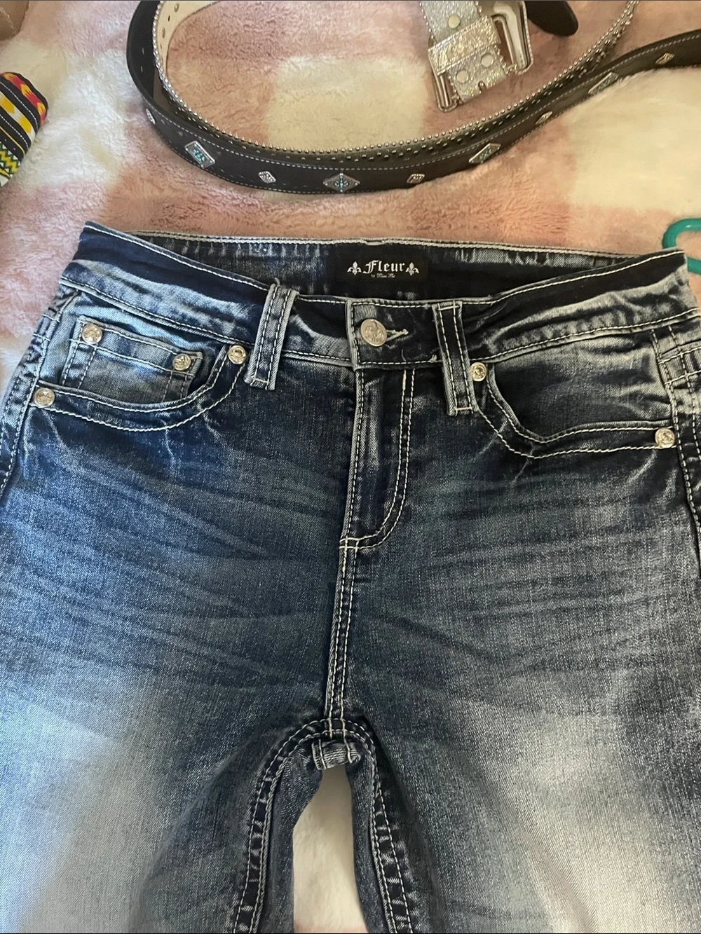 Fleur. Miss Me Embellished Blue Denim Jeans Rhinestone,Sequin Cross Designed Y2K